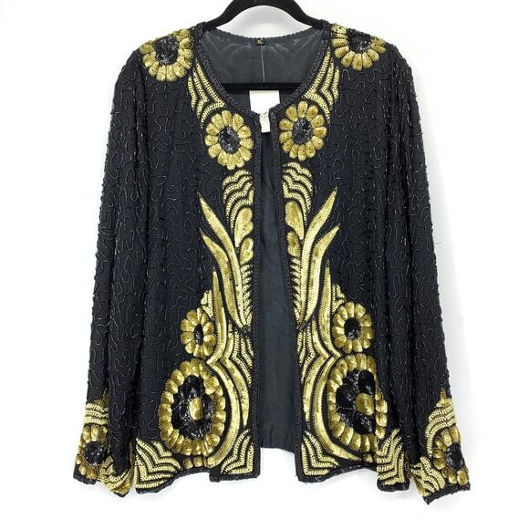 Vintage Silk Sequin Beaded Jacket Womens XL Open Front Evening Top Black Gold - Picture 1 of 6